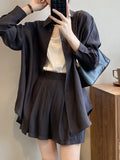 Momentlover Loose Solid Color Long Sleeves Blouse + Pleated Shorts Two Pieces Set