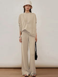 Momentlover Urban Loose Solid Round-Neck Vest Top& V-Neck Sweater Tops& Wide Leg Pants Three-Piece Set