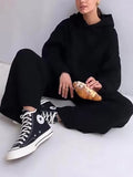 Momentlover Loose Solid Color Hooded Long Sleeves Round-Neck Sweater Top + Drawstring Pants Bottom Two Pieces Set