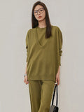 Momentlover Urban Loose Solid Round-Neck Vest Top& V-Neck Sweater Tops& Wide Leg Pants Three-Piece Set