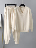 Momentlover Casual Loose Harem Pants Solid Color V-Neck Sweater Tops Pants Two Pieces Set