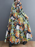 Momentlover Long Sleeves Loose Floral Printed Round-Neck Midi Dresses