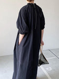 Momentlover Simple Solid Color Stand Collar Loose Half Sleeve Shirt Dress