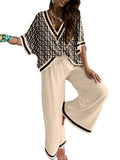 Momentlover Urban Loose Printed V-Neck T-Shirts Tops& Drawstring Wide Leg Pants Suits
