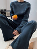 Momentlover Urban Loose Solid Round-Neck Split-Side Sweater& Wide Leg Pants Suits