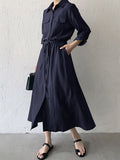 Momentlover Casual A-Line Long Sleeves Bandage Solid Color Lapel Collar Shirt Midi Dresses