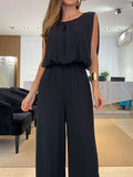 Momentlover Solid Color Hollow Backless Wide Leg High-Low Round-Neck Jumpsuits Bottoms