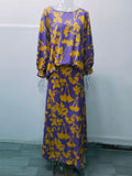 Momentlover Loose Contrast Color Floral Printed T-Shirt Top&Skirt 2 Pieces Set