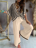 Momentlover Urban Loose Printed V-Neck T-Shirts Tops& Drawstring Wide Leg Pants Suits