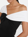 Momentlover Split-Joint Contrast Color Skinny Short Sleeves One-Shoulder Maxi Dresses Evening Dresses