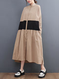 Momentlover Original Creation Long Sleeves Loose Buttoned Contrast Color Stand Collar Midi Dresses