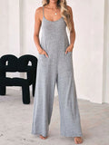 Momentlover Split-Joint Solid Color Pockets Wide Leg Sleeveless Round-Neck Jumpsuits
