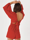 Momentlover Tied Solid Color Elasticity Backless Puff Sleeves Loose Square-Neck Rompers