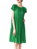 Momentlover Urban Loose Pleated Solid Color Round-Neck Mini Dresses