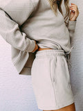 Momentlover Solid Color Long Sleeves Loose Round-Neck Sweatshirt Top + Drawstring Shorts Bottom Two Pieces Set