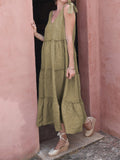 Momentlover Solid Color Sleeveless Loose V-Neck Midi Dresses