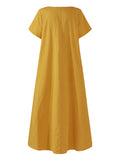 Momentlover Simple Solid Color U-Neck Pleated Short Sleeves Maxi Dress