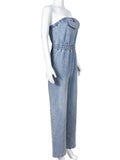Momentlover Split-Joint Pockets Pleated Elasticity Straight Leg Sleeveless Tube Jumpsuits