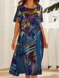 Momentlover Printed Short Sleeves Loose Round-Neck Midi Dresses