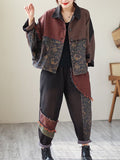 Momentlover Contrast Color Fringed Split-Joint Long Sleeves Printed Outwear + Harem Pants  Two Pieces Set