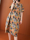 Momentlover Artistic Retro Colorful Plaid Short Sleeve Dress