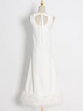 Momentlover Simple Sleeveless Loose Feathers Solid Color Midi Dresses