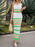 Momentlover Striped Skinny Hollow Sleeveless Round-Neck Vest Top + Split-Side Skirts Two Pieces Set