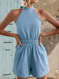 Momentlover Solid Color Ribbed Sleeveless Loose Halter-Neck Rompers