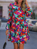 Momentlover Split-Joint Printed Pleated Floral Printed Puff Sleeves Loose Lapel Mini Dresses