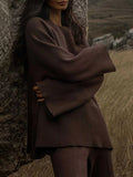 Momentlover Casual Long Sleeves Loose Solid Color Round-Neck Sweater Tops & Wide Leg Pants Two Pieces Set