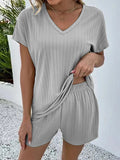 Momentlover Striped Solid Color Short Sleeves T-shirt + Elasticity Shorts Pajama Sets