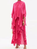 Momentlover Tiered Solid Color Raglan Sleeve Loose Stand Collar Maxi Dresses