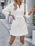 Momentlover Tied Waist Solid Color Jacquard Long Sleeves V-neck Mini Dresses