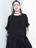 Momentlover Loose Solid Color Round-Neck Short Sleeves  Tops+ Elasticity Pleated Cropped Pants Two Pieces Set