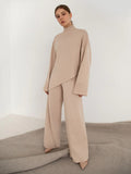 Momentlover Casual Solid Color Irregularity High-Neck Sweater& Wide Leg Pants Suits