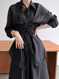 Momentlover Solid Color Long Sleeves Tied Waist Blouse + Loose Elasticity Waist Skirt Two Pieces Set