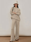 Momentlover Urban Loose Solid Round-Neck Vest Top& V-Neck Sweater Tops& Wide Leg Pants Three-Piece Set