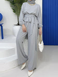 Momentlover Solid Color Long Sleeves Round-Neck Pleated Tied Waist Elasticity Blouses Top + High Waisted Wide Leg Pants Bottom Two Pieces Set
