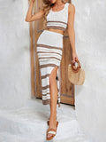 Momentlover Striped Skinny Hollow Sleeveless Round-Neck Vest Top + Split-Side Skirts Two Pieces Set