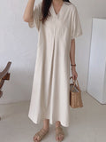 Momentlover Loose Solid Color V-Neck Pleated With Pockets Midi Dresses