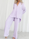 Momentlover Drawstring Pleated Flared Sleeves Long Sleeves Buttoned Solid Color Split-Side Lapel Shirts Top + Pants Bottom Pajama Sets