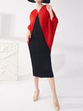 Momentlover Pleated Contrast Color Loose Batwing Sleeves Round-neck Midi Dresses