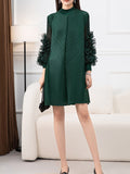 Momentlover Solid Color Pleated Embroidered Loose Long Sleeves Round-neck Midi Dresses