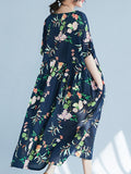 Momentlover Flower Print Short Sleeves Loose Round-Neck Midi Dresses