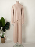 Momentlover Casual Solid Color Irregularity High-Neck Sweater& Wide Leg Pants Suits