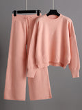 Momentlover Urban Loose Long Sleeves Solid Color Round-Neck High-Low Sweater Tops & Wide Leg Pants Suits
