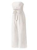 Momentlover Original Cold Shoulder Tied Solid Color Straight Leg Jumpsuits