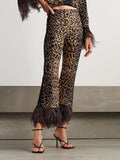 Momentlover Long Sleeves Feathers Leopard Round-Neck Pants Pants Set T-Shirts Tops Two-Piece Sets