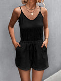 Momentlover Solid Color Pockets Drawstring Sleeveless Loose V-Neck Rompers