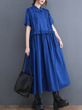 Momentlover Simple Short Sleeves Loose Buttoned Falbala Split-Joint Solid Color Midi Shirt Dress
